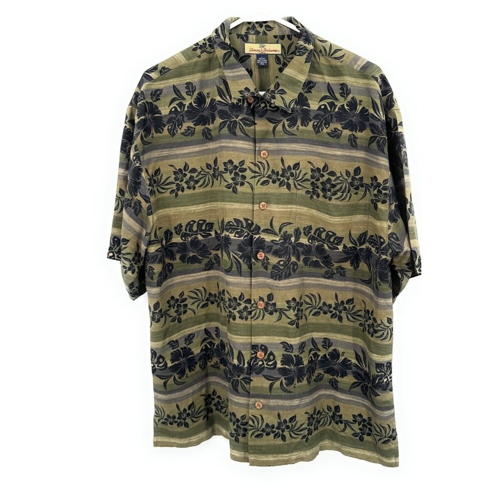 Tommy Bahama Silk‎ Shirt Mens L Green Floral Hawaiian Shirt